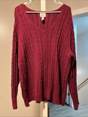 St. John's Bay Cable Knit V-Neck Sweater in Burgundy